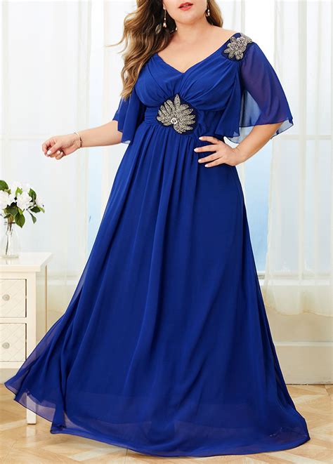 Plus Size V Back Peplum Waist Royal Blue Dress Plus Size Dresses