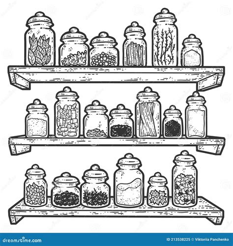 A Large Set Of Spices In A Jar Herb Shelves Sketch Scratch Board