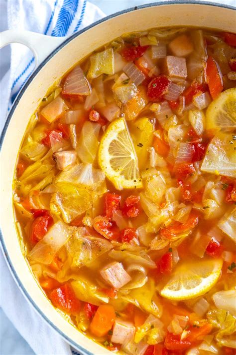 Add 8 cups water, salt, pepper, bay leaves, and ham bone or ham hocks. Ham and Cabbage Soup | Recipe | Cabbage soup recipes, Ham ...