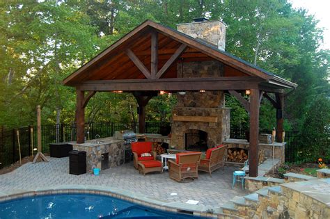 Rustic Outdoor Living Backyard Pavilion Outdoor Stone Fireplaces