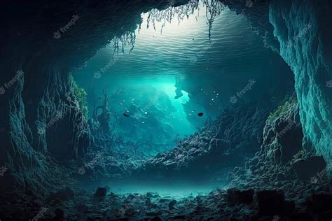 Premium Photo Mysterious Dark Underwater Cave With Reefs Journey To