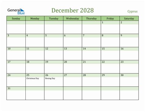 Fillable Holiday Calendar For Cyprus December 2028