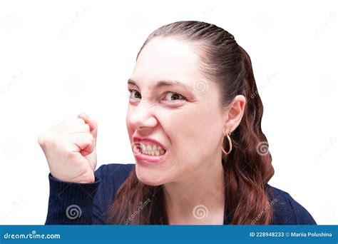 Portrait Of Angry Woman With Bared Teeth And Clenched Fist Isolated On