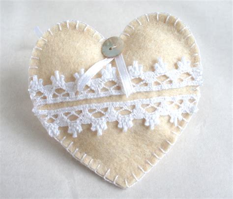 Heart Ornament Felt Set Of 3 Button Flowers Lace White Etsy Uk