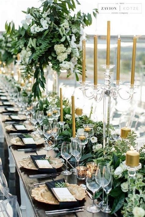 Black White Gold And Olive Green Wedding Table Settings Gold Wedding