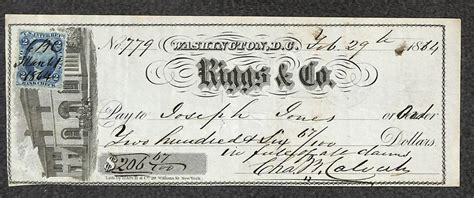 Usa R5c Revenue Stamp Leap Year Riggs And Co Bank Check Wahsington Dc
