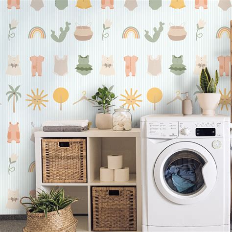 Laundry Room Ideas Blue Striped Wallpaper Accent Wall Decor Etsy