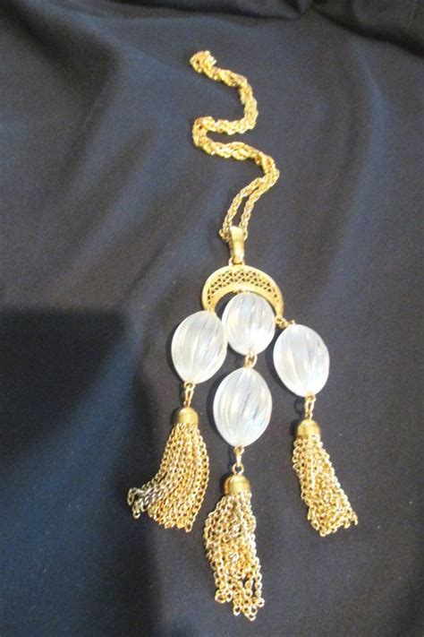 Vintage Crown Trifari Gold Tone Lucite Bead Cresent Moon Chandelier