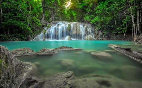 Erawan Waterfall In Thailand Jungle Rain Forest Rocks In Water Natural