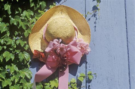 Decorative Straw Hat On Door Stock Image Image Of Arrangement Ribbon