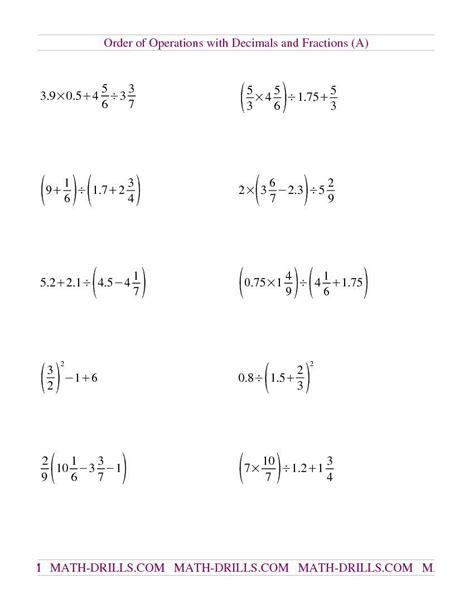 Order Of Operations With Fractions And Mixed Numbers Worksheet