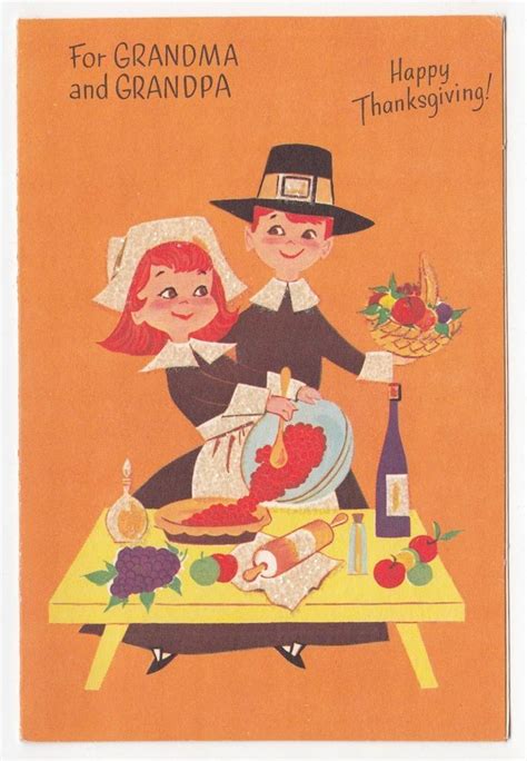 Vintage Greeting Card Thanksgiving Dinner Cute Pilgrim Couple Mid Century Vintage Thanksgiving