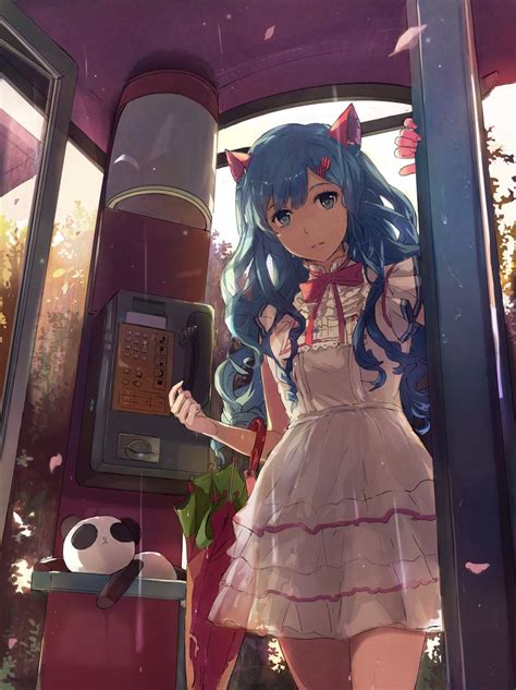 anime art anime neko cat girl dress ruffles blue hair umbrella