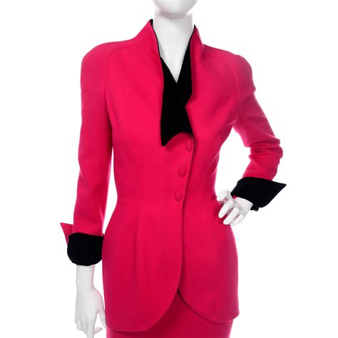 thierry mugler vintage strawberry red skirt and blazer suit w black velvet trim for sale at