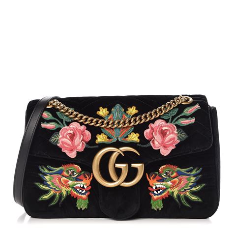 Gucci Velvet Embroidered Dragon Medium Marmont Shoulder Bag Black 331903