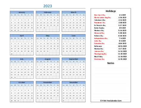 Download Printable 2023 Calendar With Holidays And Notes