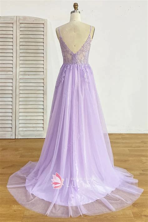 Sexy Illusion Sheer Lilac Floral Lace Tulle Prom Dress Lunss