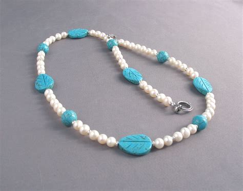 Pearl And Turquoise Necklace White Blue