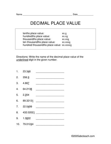 Identifying Decimal Place Value Worksheets