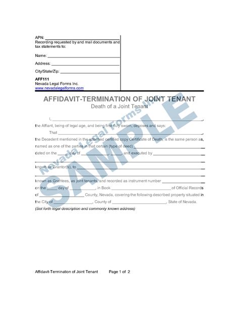 Affidavit Termination Of Joint Tenant Death Of A Joint Tenant