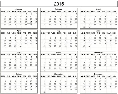Yearly 2015 Printable Calendar Black And White Week Starts On Monday
