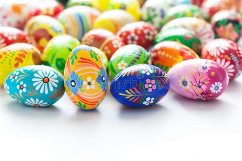 Traditional Hand Painted Easter Eggs On White Spring Patterns Stock