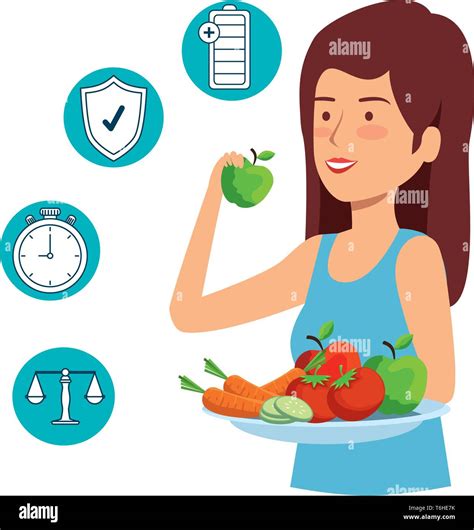 Woman Eating Healthy Food And Set Icons Stock Vector Image And Art Alamy