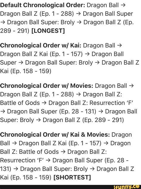 Dragon ball series (chronological order). Default Chronological Order: Dragon Ball > Dragon Ball Z (Ep. 1 - 288) > Dragon Ball Super ...