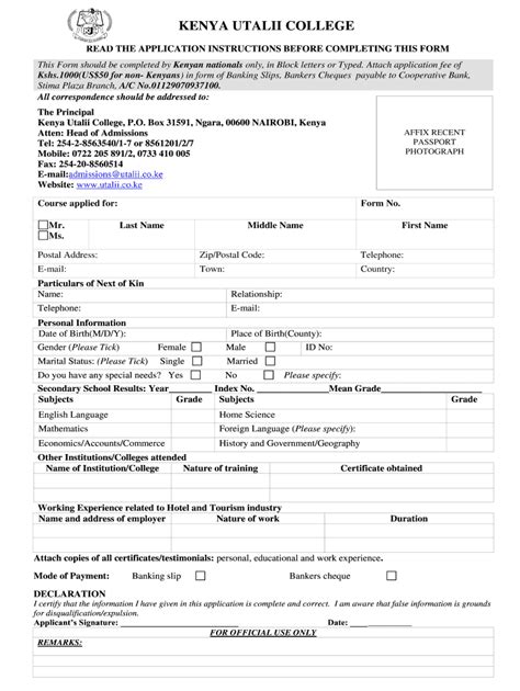 Kenya Utalii College Application Fill And Sign Printable Template