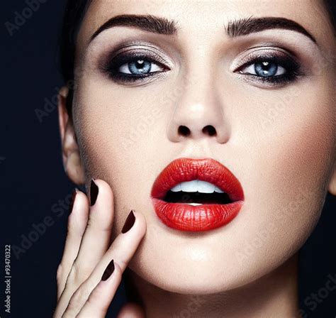 Sensual Glamour Portrait Of Beautiful Woman Model Lady With Fresh Daily Makeup With Red Lips