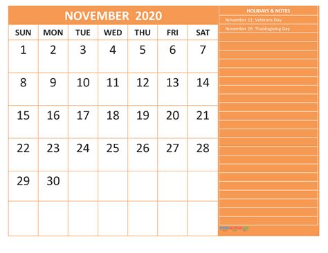November 2020 Calendar With Holidays Word Pdf