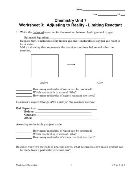 Chemistry Unit 7 Worksheet 3 Adjusting To Reality Limiting Reactant