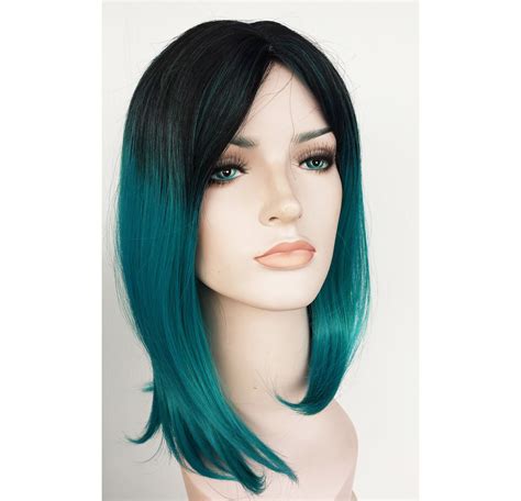 Turquoise And Black Shoulder Length Wig Turquoise Hair Neck Length