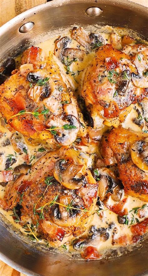 The skin gets insanely crispy and the how to cook boneless chicken thighs in the pan. Chicken Thighs with Creamy Bacon Mushroom Thyme Sauce - this is one of the best chicken thigh ...