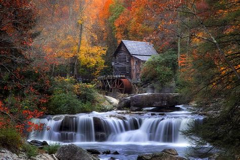 Hd Wallpaper Waterfalls Near Brown Shed Autumn Forest House River