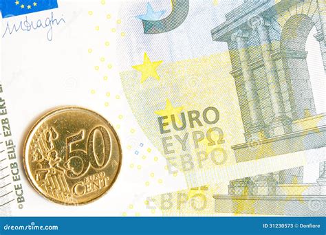 Euro Coin On New Five Euro Banknote Stock Image Image Of Coin Five