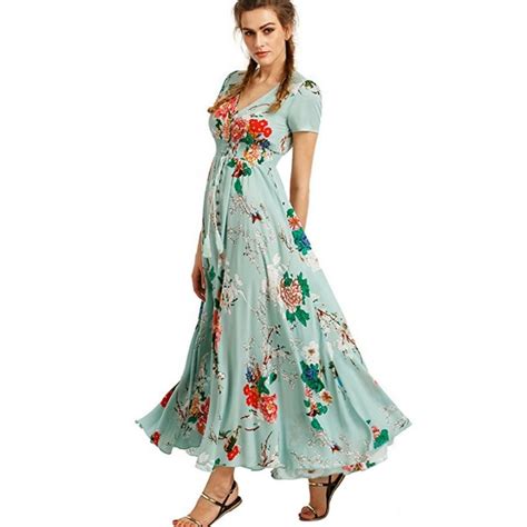 2017 summer women s button up split floral print flowy party maxi bohemia style loose leisure