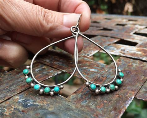 Delicate Turquoise Hoop Earrings With Zuni Snake Eye Setting Vintage