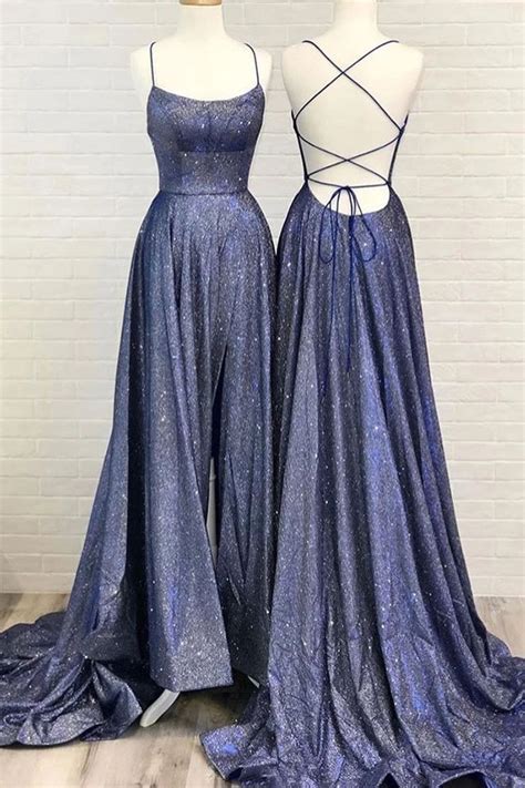 Beautiful Spaghetti Straps Backless Long Blue Party Prom Dresses M868