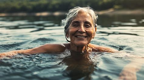 Premium Photo Portrait Of Older Woman Swimming In Lake Beautiful