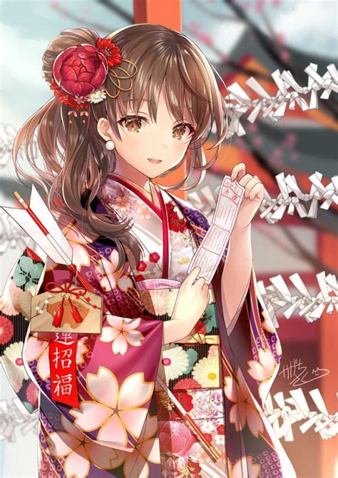 Cool Anime Brown Hair Girl Kimono Seleran