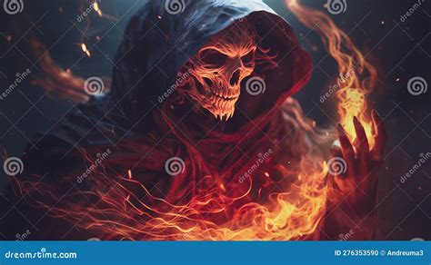 Scary Grim Reaper In The Dark With Fire And Smoke Stock Illustration