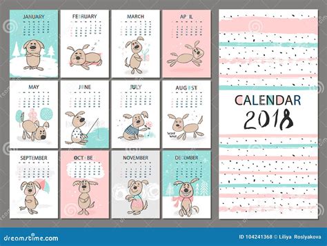 Monthly Creative Calendar 2018 With Cute Dogs Concept Vertical