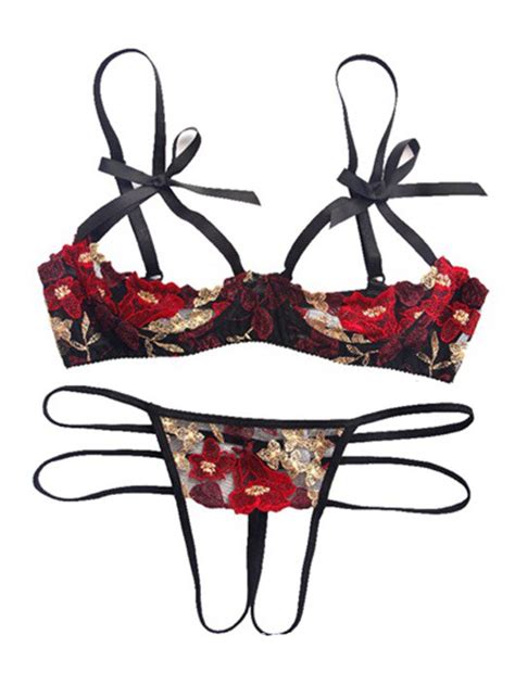 Women Sexy Bra And Brief Set Open Bra Crotchless Thong Sets Floral Embroidery Erotic Lingerie