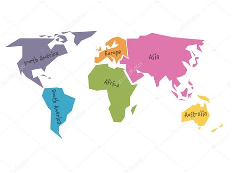 Simplified World Map Divided To Six Continents In Different Colors