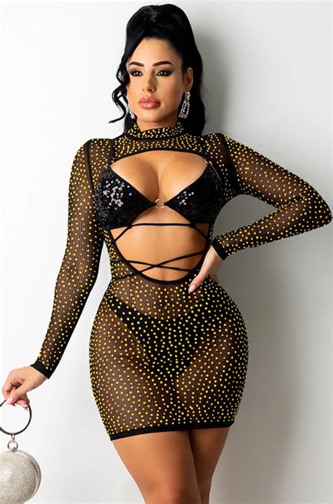 Wholesale Fall Sexy Yellow Rhinestone Beaded See Through Long Sleeve Club Dress With Sequins Bra