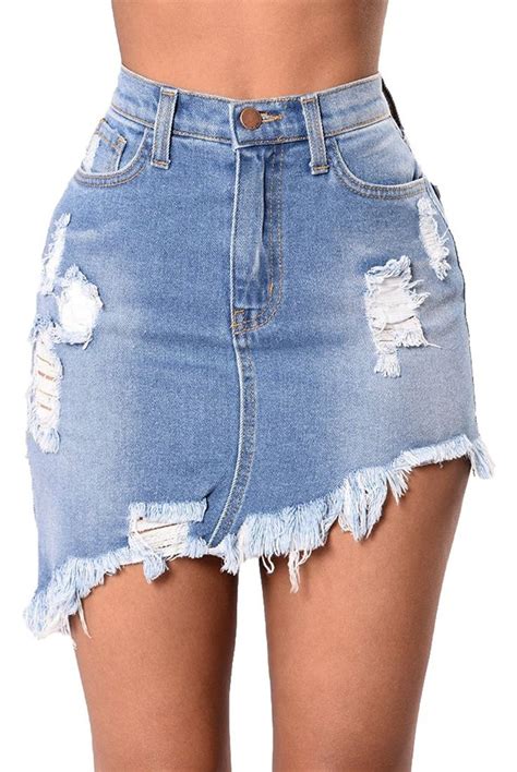 Ermonn Womens High Waist Distressed Ripped Short Denim Jean Skirt