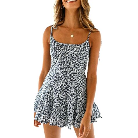 Eyicmarn Women Summer Sleeveless Beach Boho Floral Mini Dress