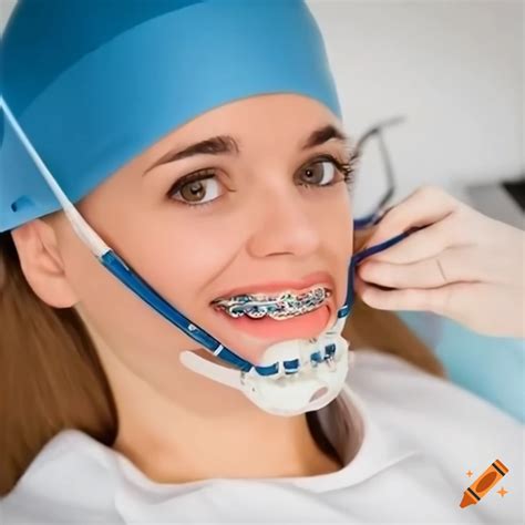 Young Woman Checking Her Orthodontic Headgear Braces After Dental