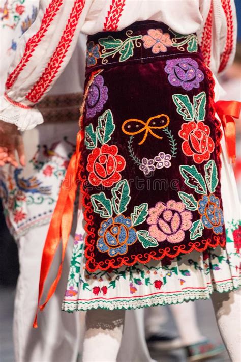 detail of traditional folkloric costume of romanian dancers perform a folk dance folklore of
